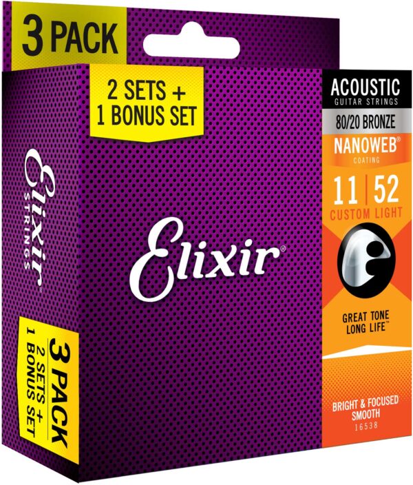 ELIXIR 3X2 PACK 16538 ACOUSTIC 80/20 BRONZE NANOWEB