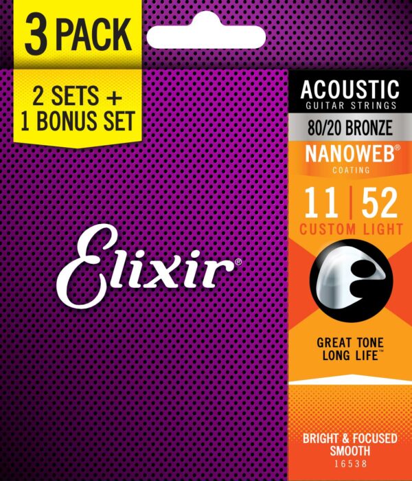 ELIXIR 3X2 PACK 16538 ACOUSTIC 80/20 BRONZE NANOWEB - immagine 2