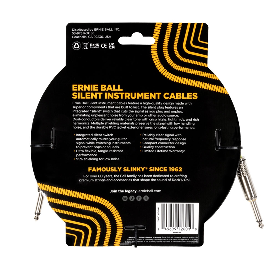 Ernie Ball 6473 Silent Cable Straight-Straight Black 6 m