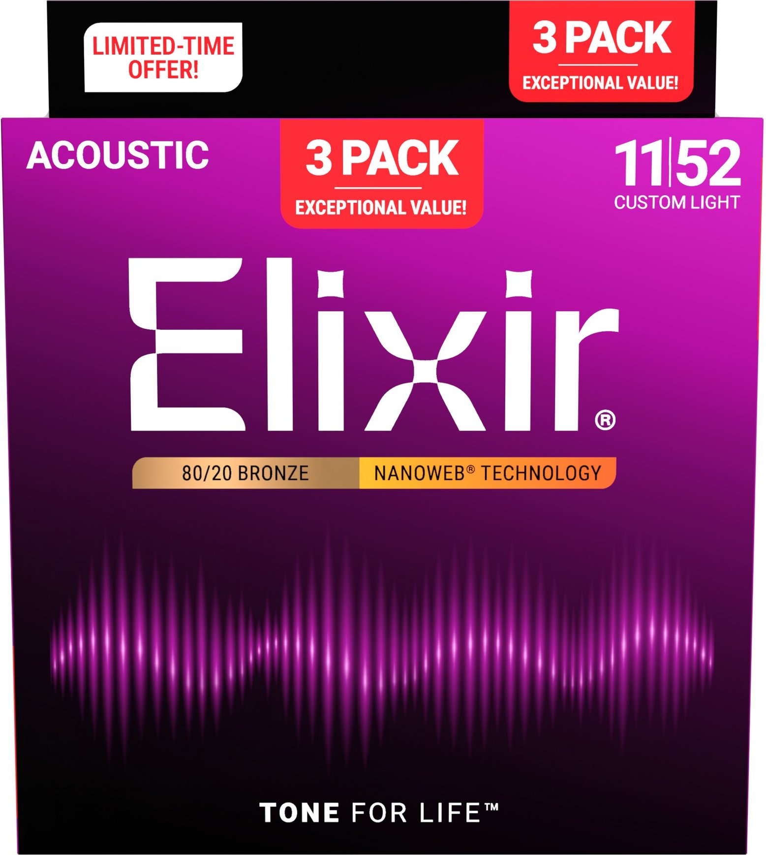 ELIXIR 3-PACK 16564 ACOUSTIC 80/20 BRONZE NANOWEB