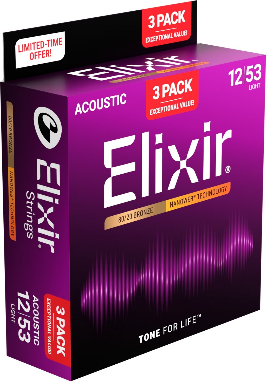 ELIXIR 3-PACK 16565 ACOUSTIC 80/20 BRONZE NANOWEB
